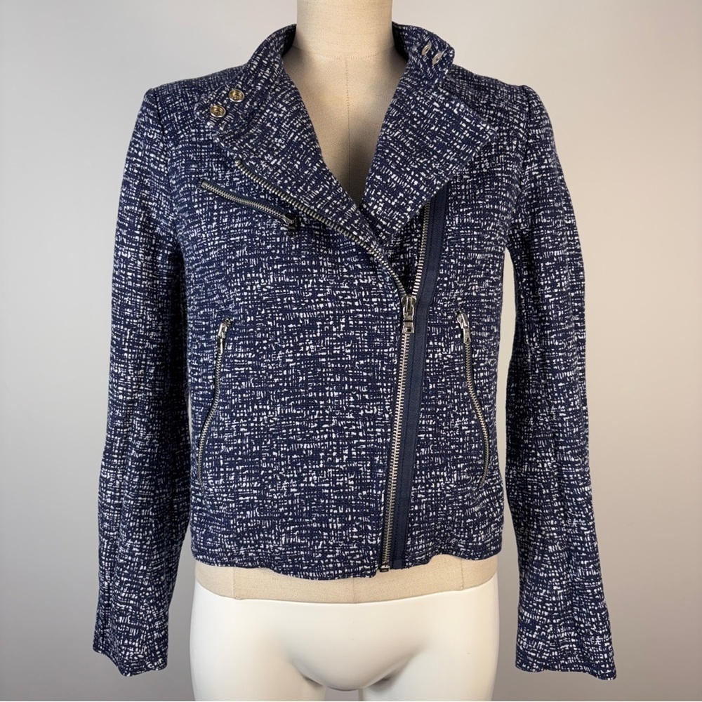 ❤️GAP Tweed Moto Jacket Navy Blue White Asymmetrical Zip Biker Blazer S